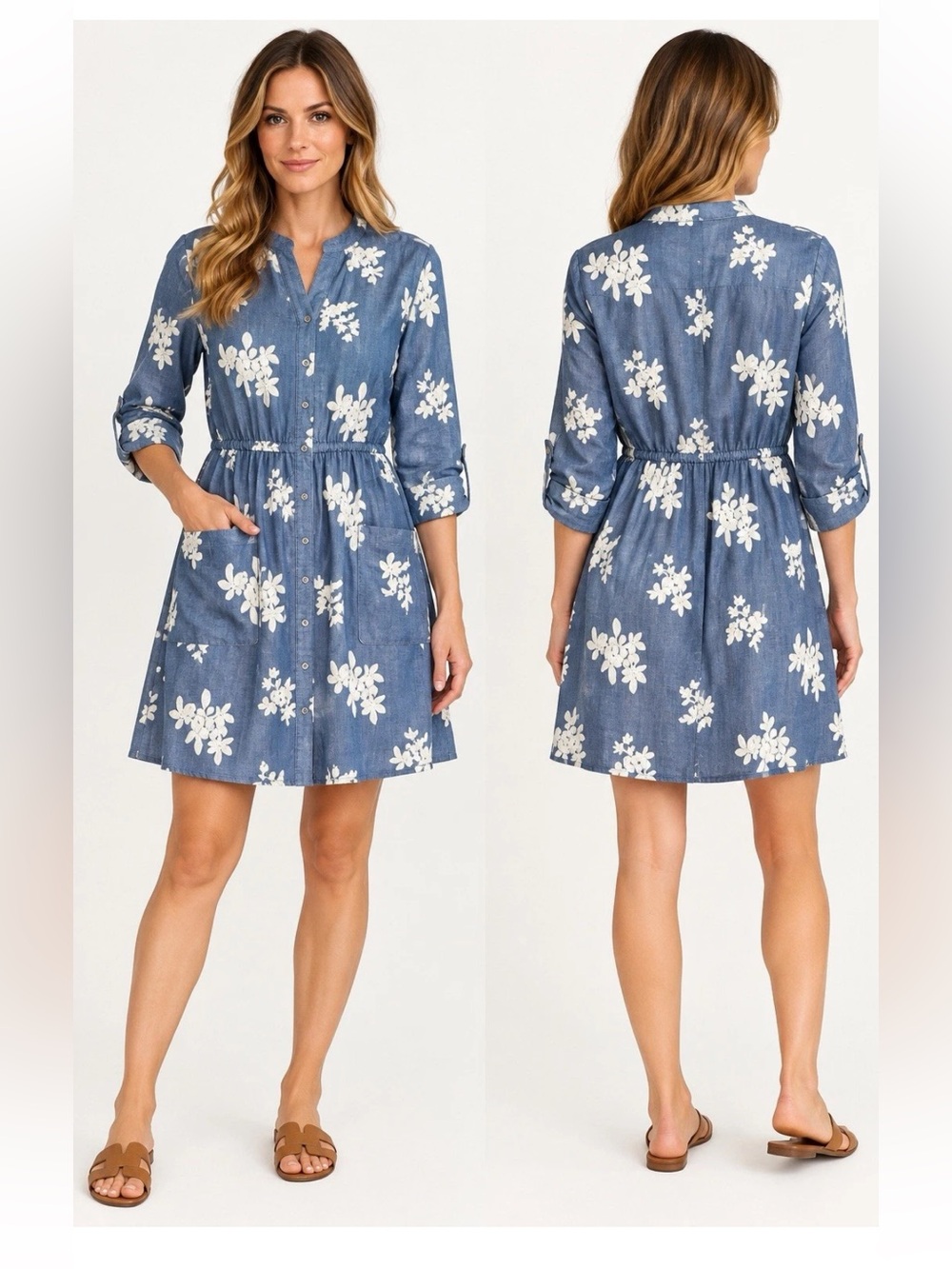 Trulli Women’s Size 4 Blue Embroidered Floral Chambray Shirt Dress Pockets Boho